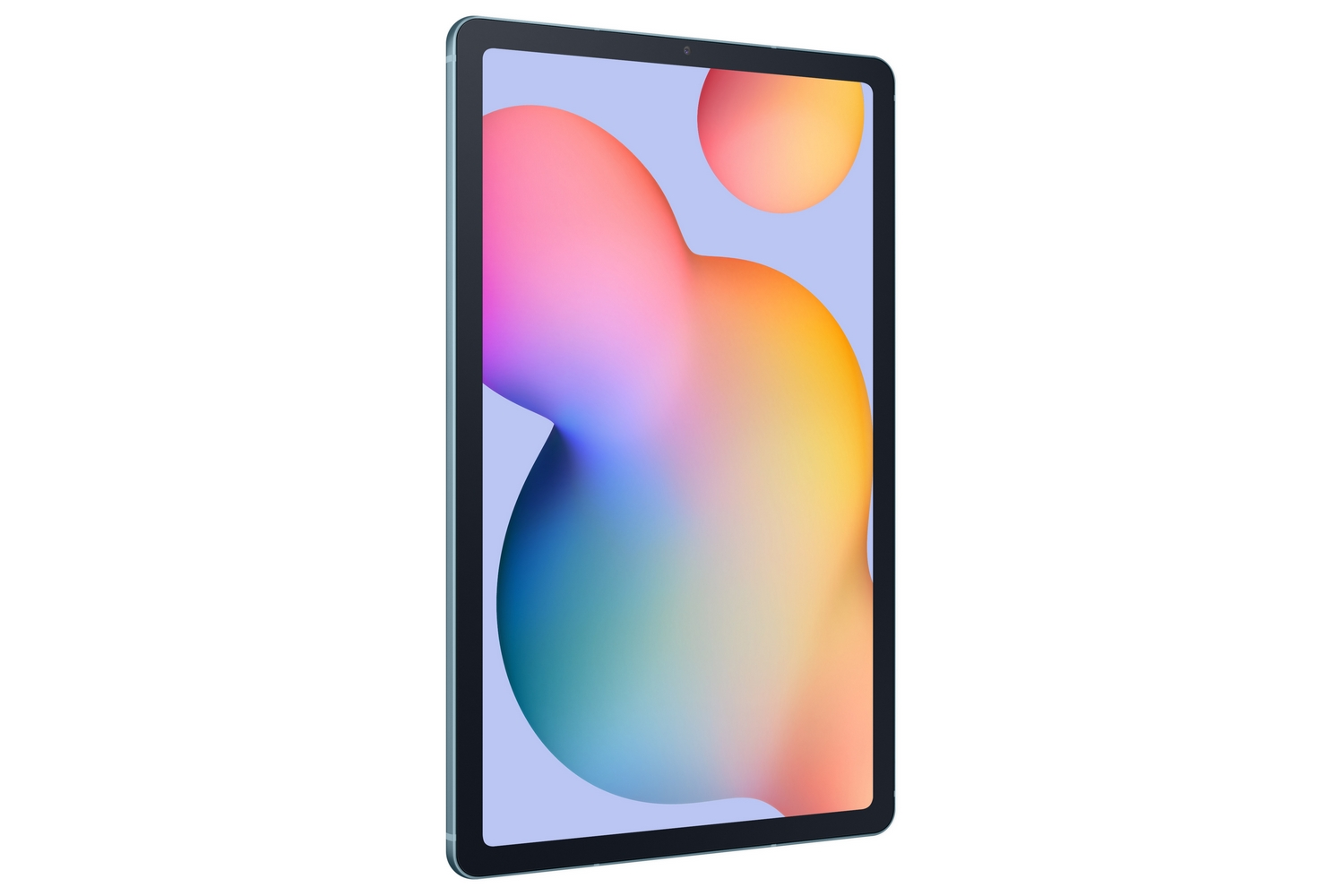 Una tableta azul con un fondo colorido en la pantalla, aislada sobre blanco.