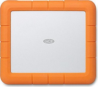 Orange externe Festplatte. Silberne Mitte mit 'LACIE'-Logo. Rechteckig, mit robustem orangefarbenem Rahmen.