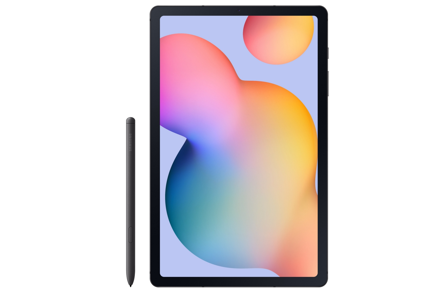 Tableta negra con un lápiz óptico. La tableta tiene una pantalla con formas coloridas, sobre un fondo blanco.