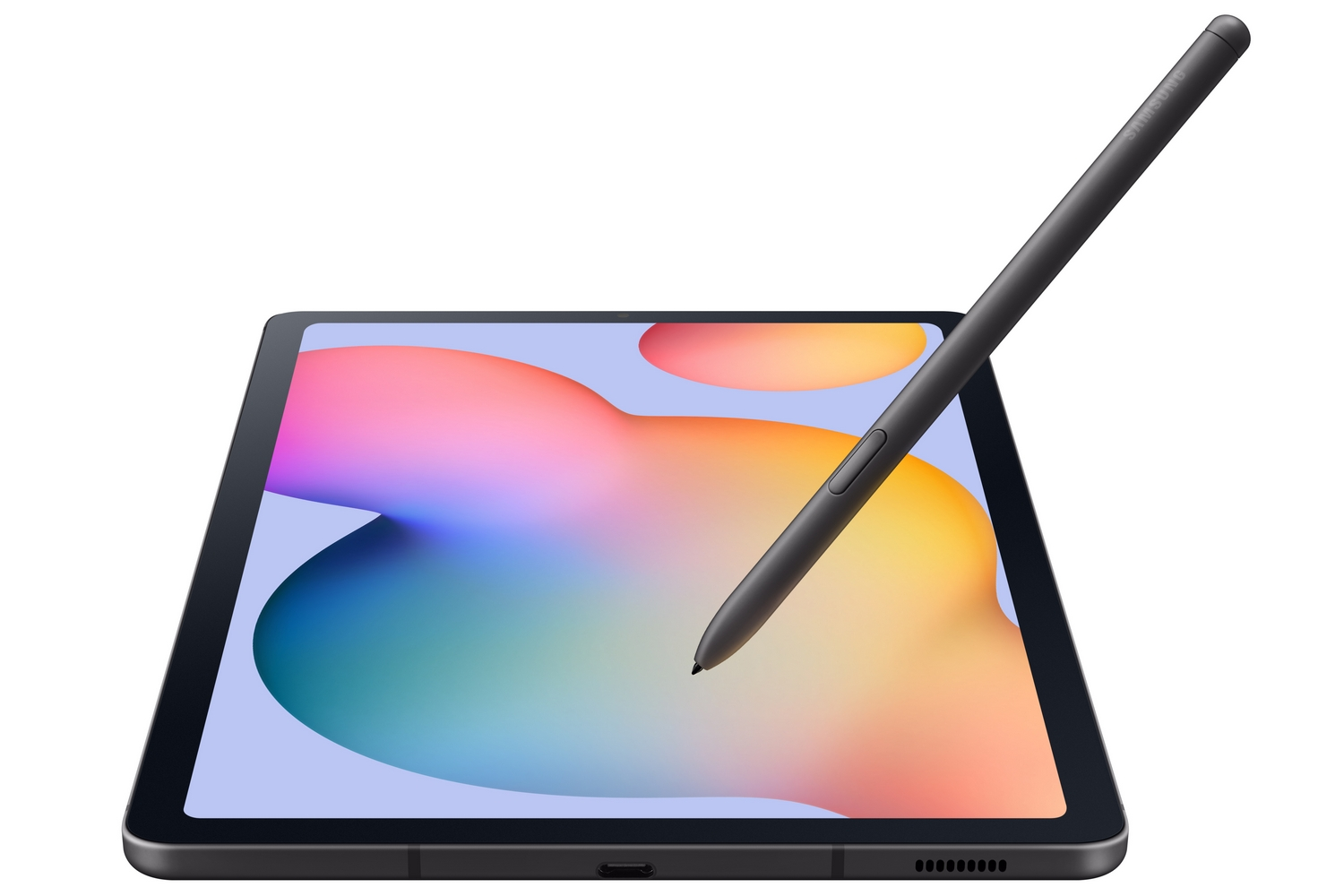 Una tableta Samsung negra con un lápiz óptico, sobre un fondo blanco.
