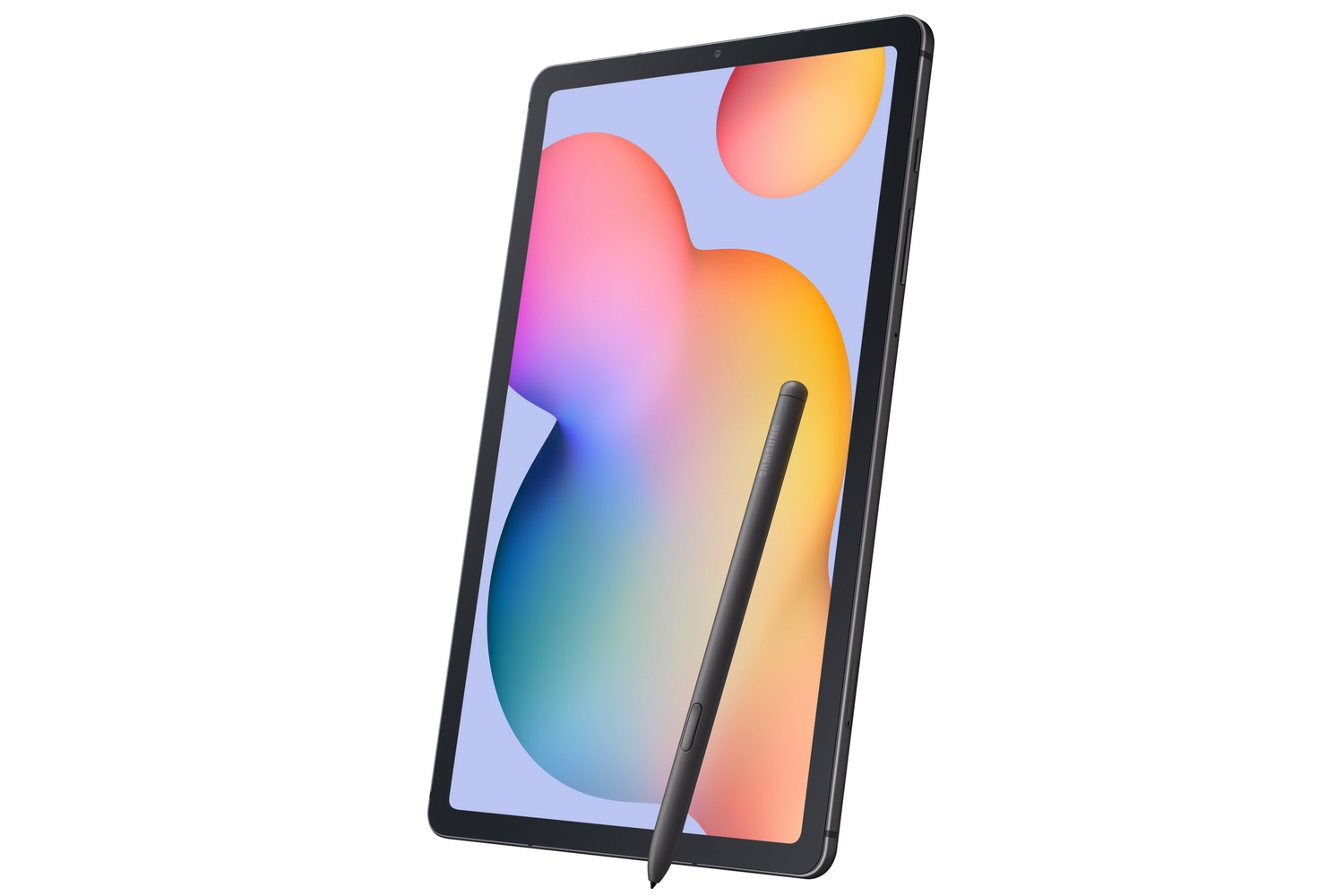 Una tableta negra con un lápiz óptico, que muestra una pantalla con diseño colorido.