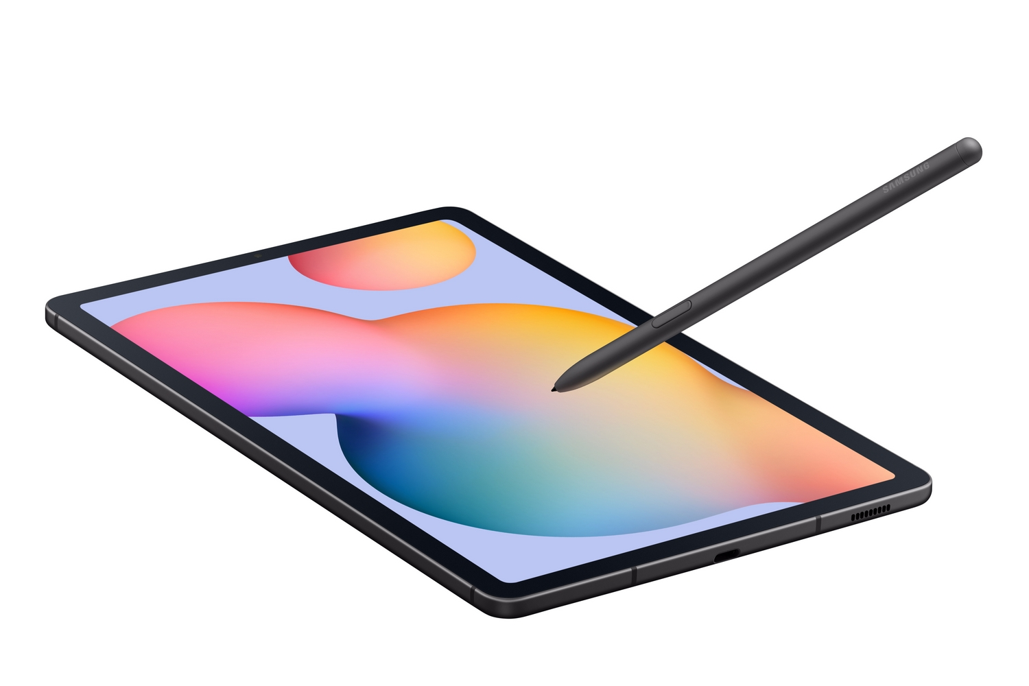 Tableta con un lápiz óptico, que muestra un fondo abstracto colorido.