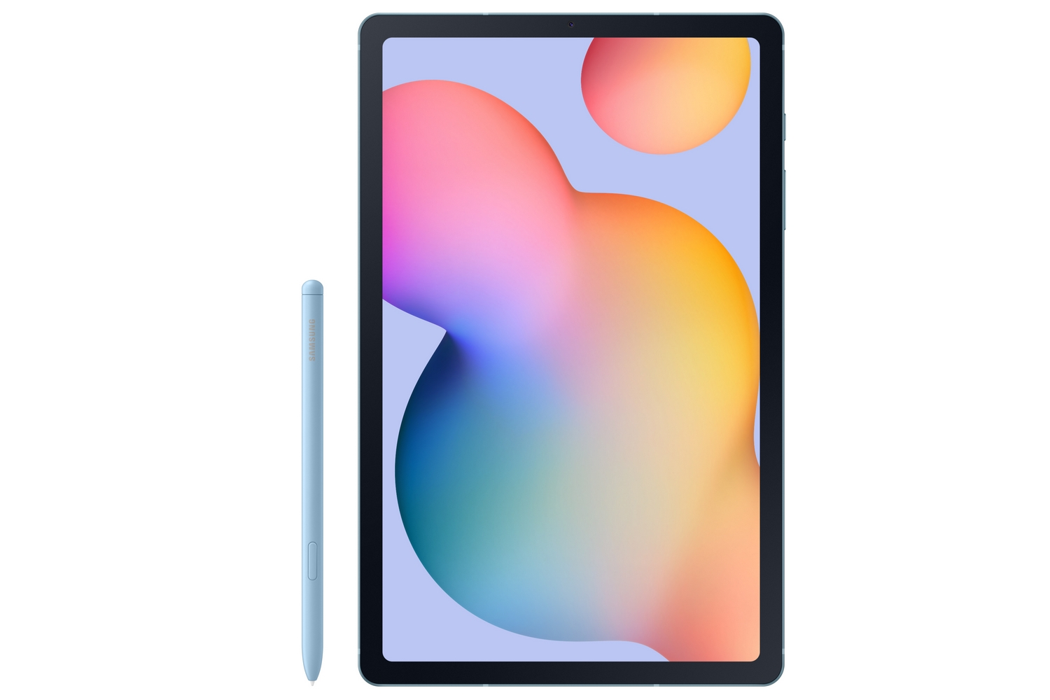Una tableta y un lápiz óptico Samsung azules sobre un fondo blanco. La tableta muestra un gráfico colorido.