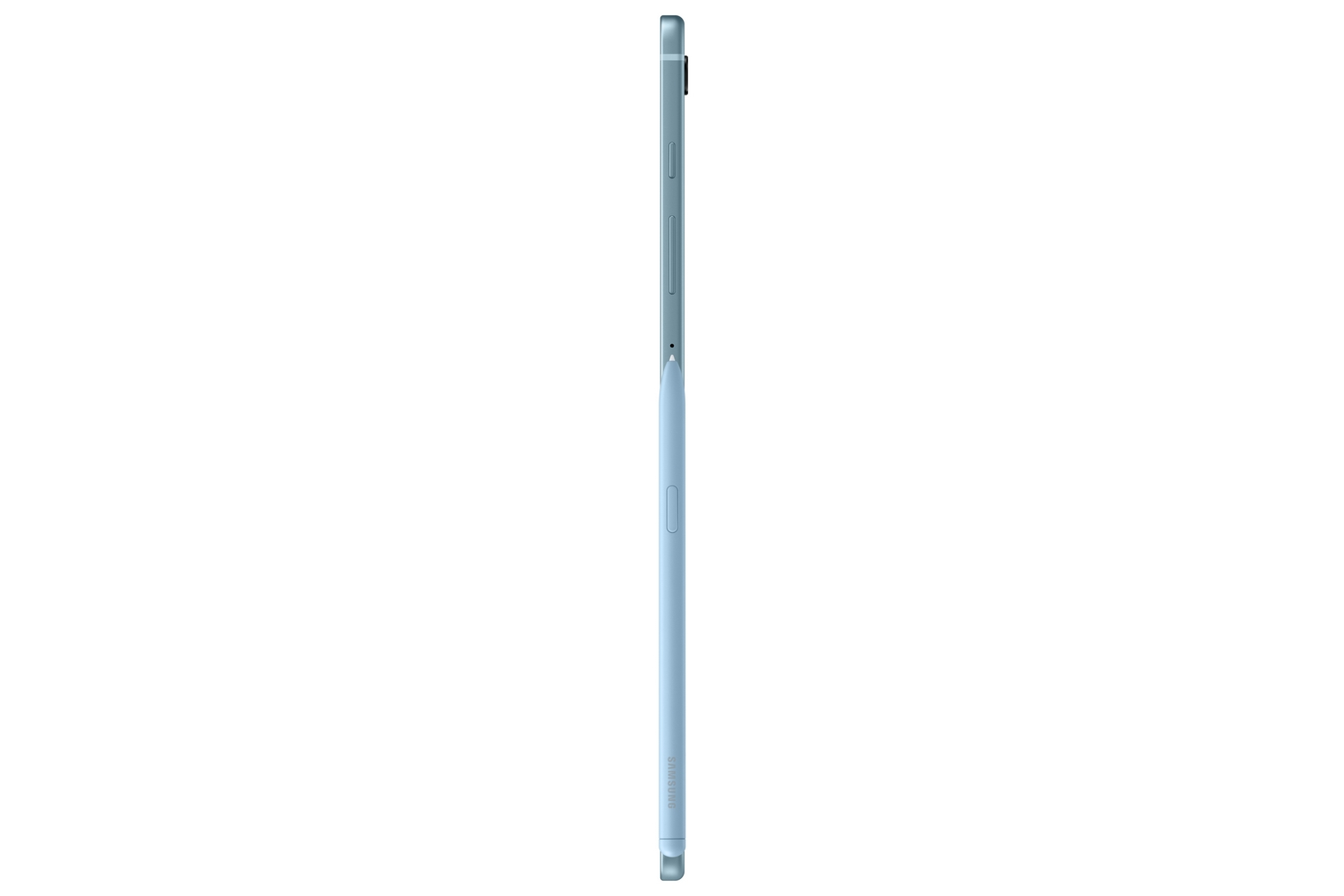 Una tableta y un lápiz óptico azul pálido, vistos de lado.