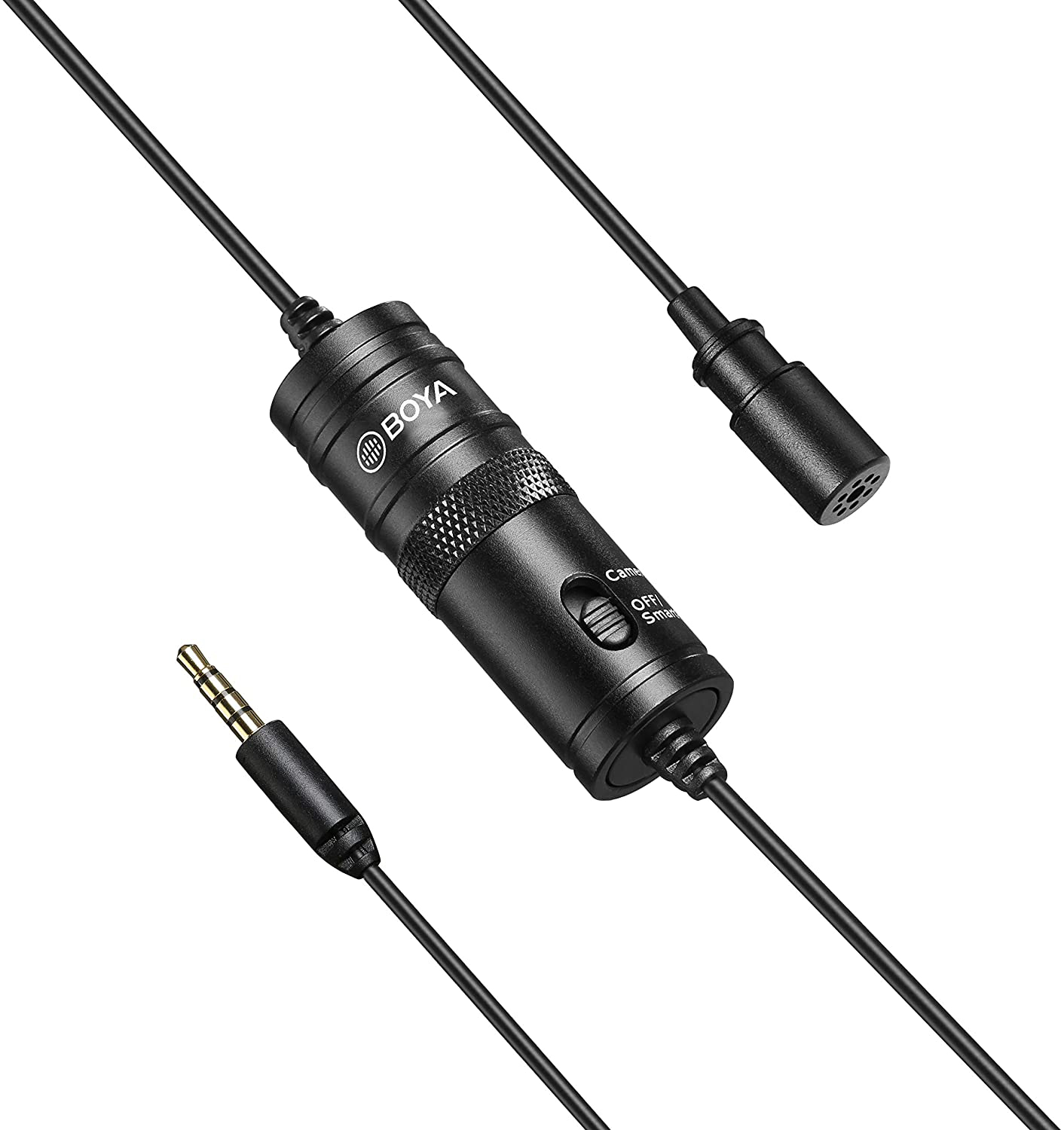 Zwarte Boya-microfoon met een 3,5 mm-aansluiting, schakelaar en een aparte microfoon.