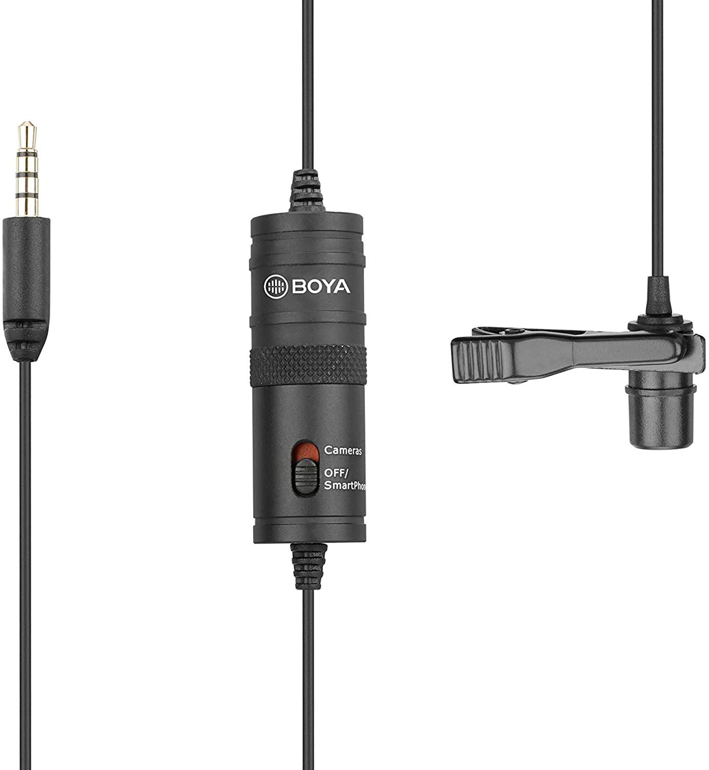 Een zwarte microfoon met een clip en een 3,5 mm-aansluiting, allemaal op een witte achtergrond.