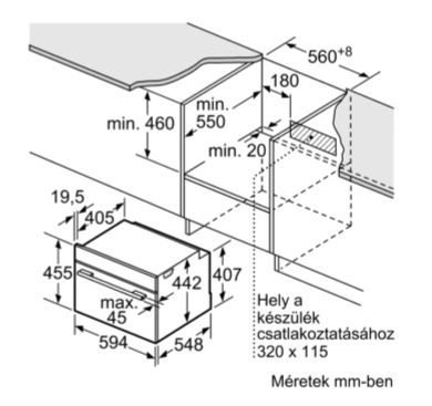 Diagram a beépített sütő beszereléséhez szükséges méretekkel.