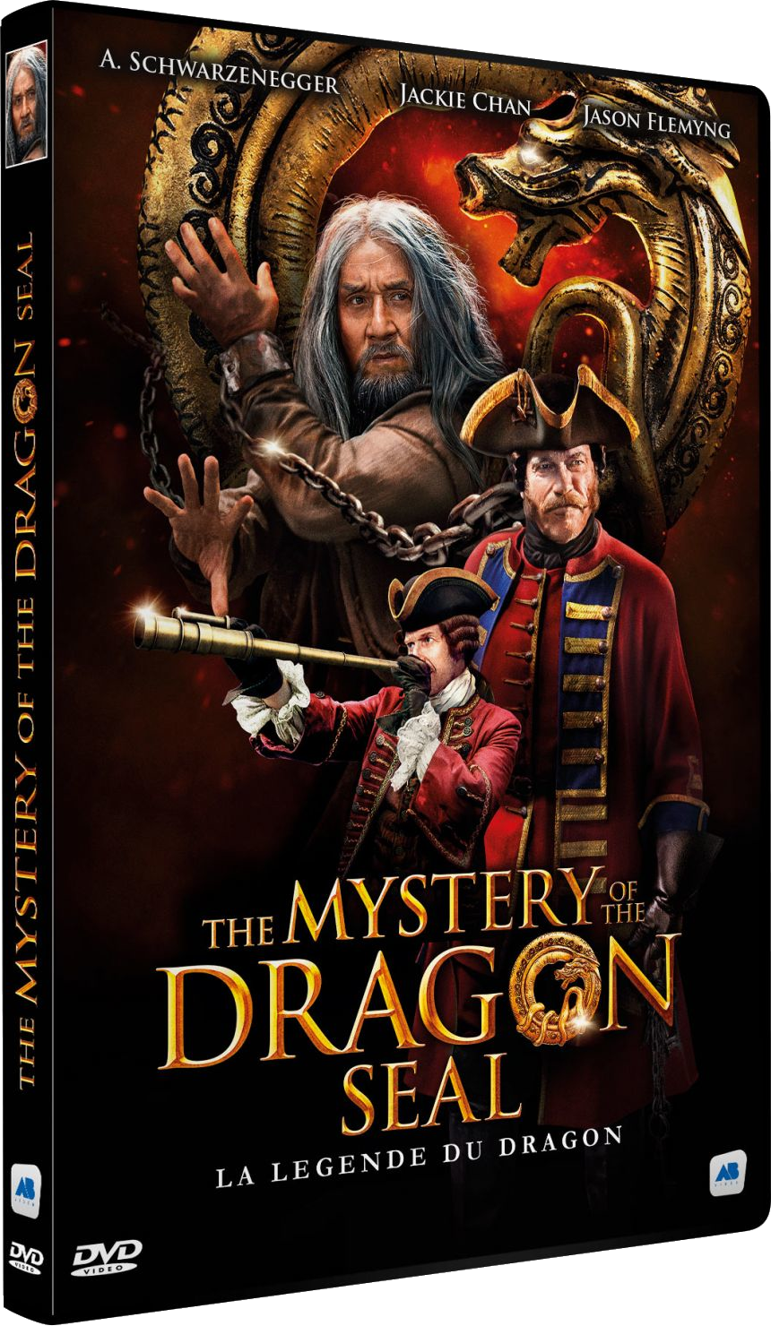 DVD-hoes voor 'The Mystery of the Dragon Seal' met Schwarzenneger en Chan.