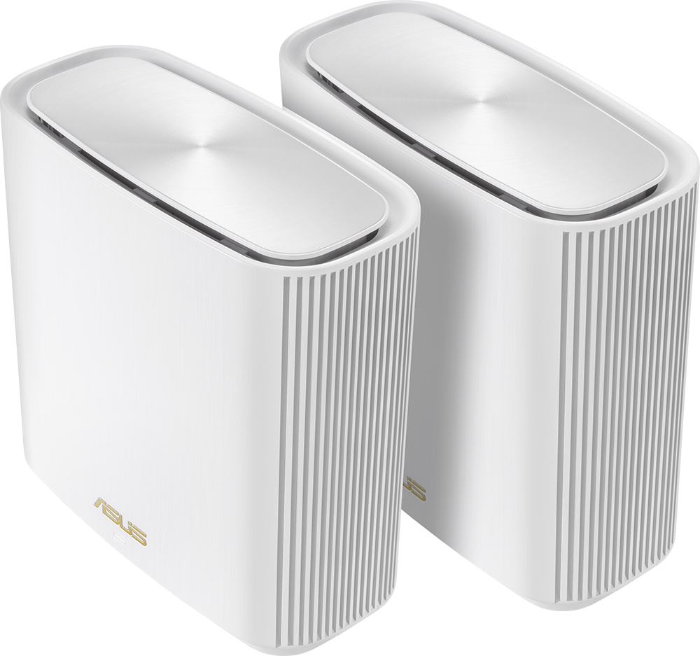 Two white, rectangular wifi routers. The top is silver. The ASUS logo is at the bottom.