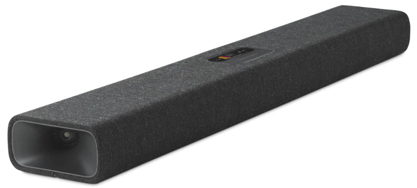 Barre de son grise avec une découpe ovale et un écran.