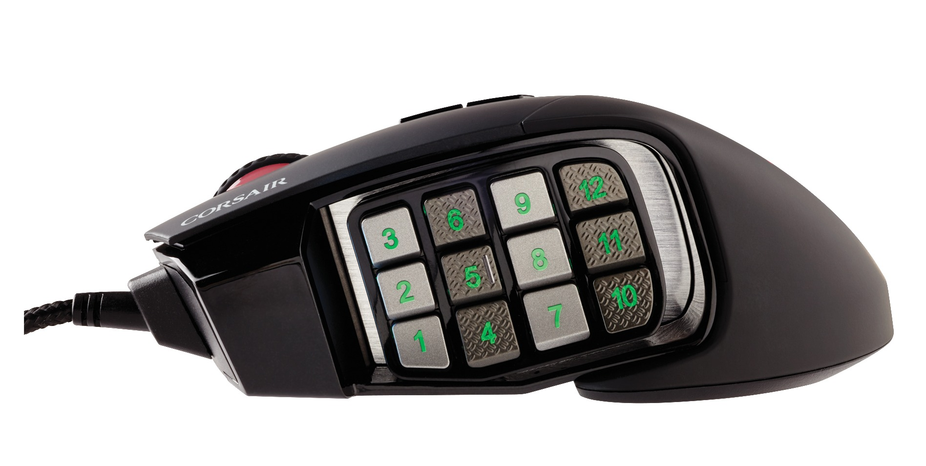 Schwarze Gaming-Maus mit zusätzlichen Tasten an der Seite. Sie hat ein Kabel und ein Corsair-Logo oben.