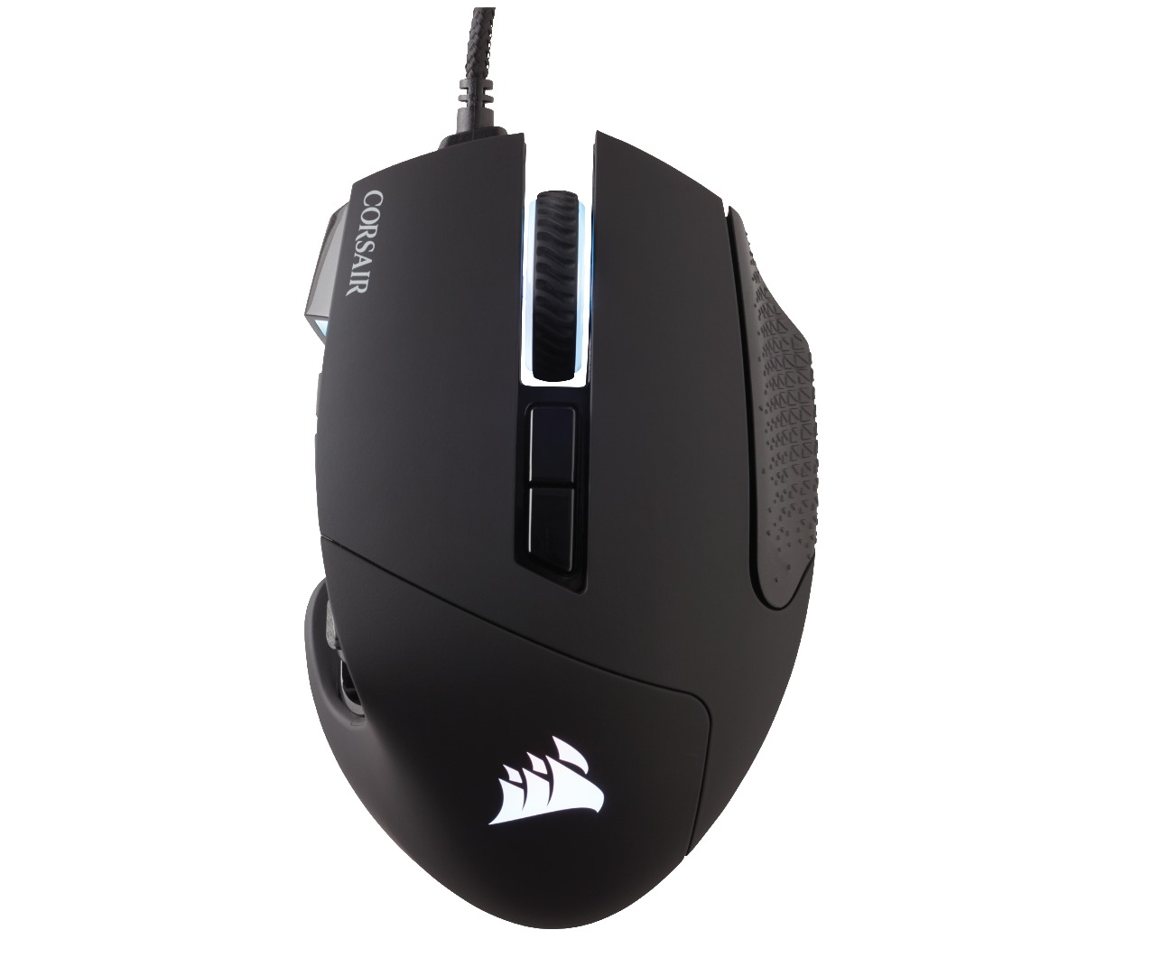 Eine schwarze Corsair Gaming-Maus mit Kabel und Seitentasten, Draufsicht.