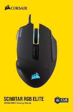 Corsair Scimitar RGB Elite Gaming-Maus auf gelbem Hintergrund, mit Logo und Text.