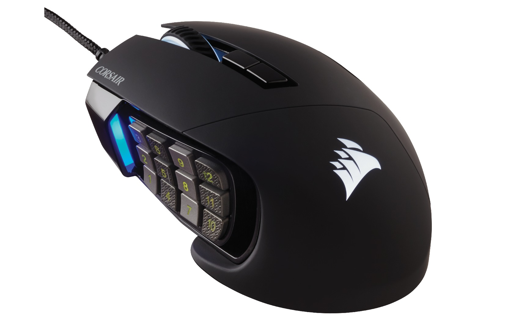 Eine schwarze Corsair Gaming-Maus mit einem Nummernblock.