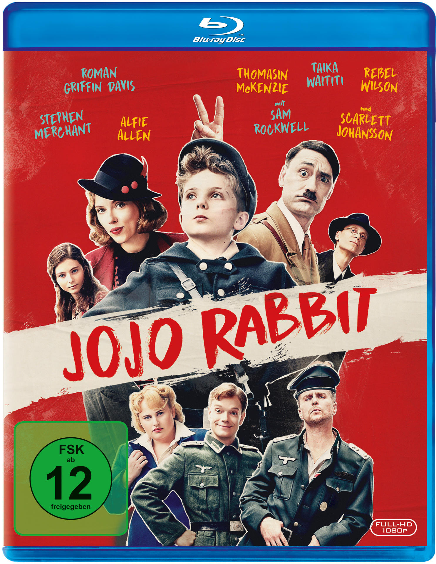 Blu-ray Disc Cover für Jojo Rabbit. Mit Filmfiguren und einem Rating-Label.
