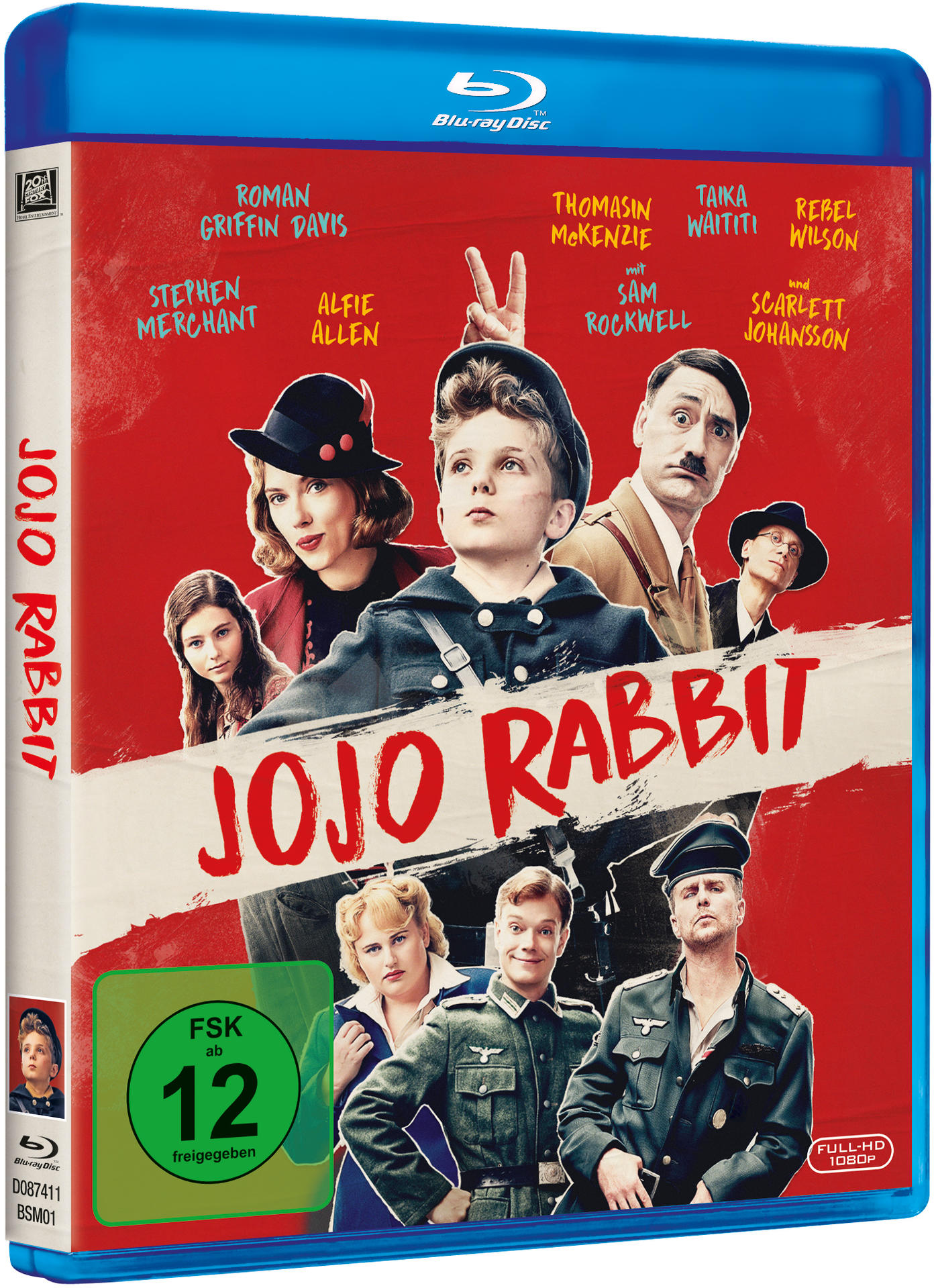 Blu-ray-Disc-Cover für den Film 'Jojo Rabbit'. Mit der Besetzung und dem Filmtitel.