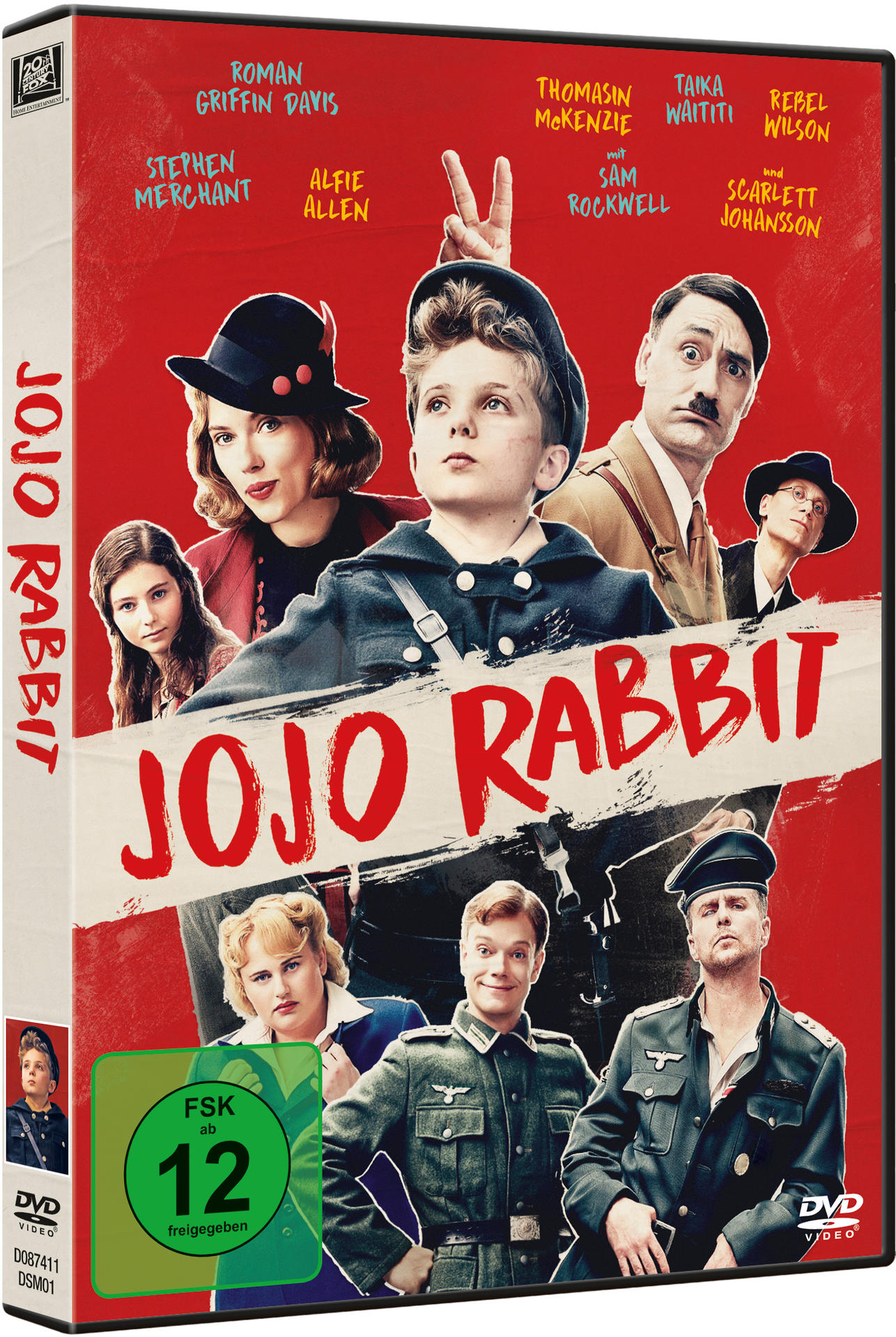 DVD-Cover des Films 'Jojo Rabbit' mit rotem Hintergrund und verschiedenen Schauspielern.