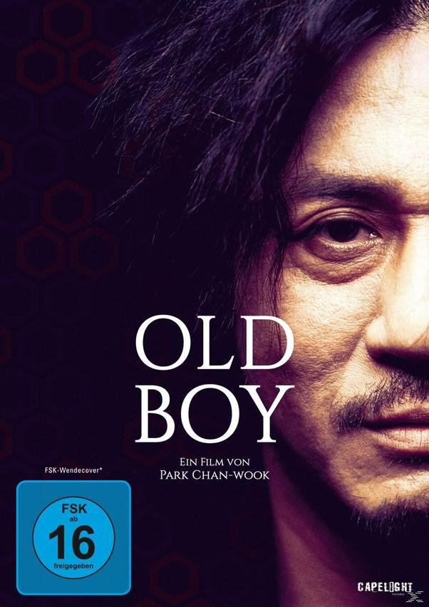 Filmposter für „Old Boy“ mit dem Gesicht eines Mannes und dem Titel. Blaues und rotes Farbschema.