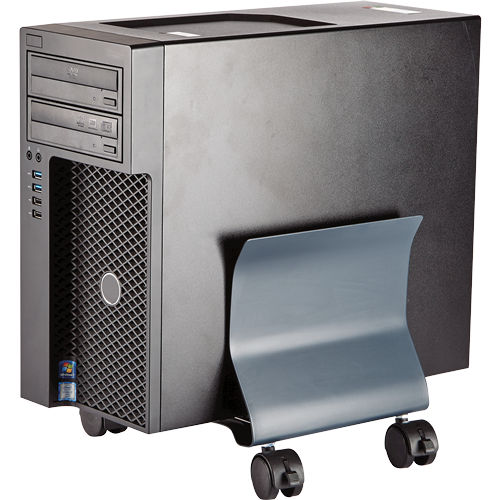 Tour d'ordinateur noire avec un support gris à roulettes. Possède des lecteurs CD/DVD et des ports USB.