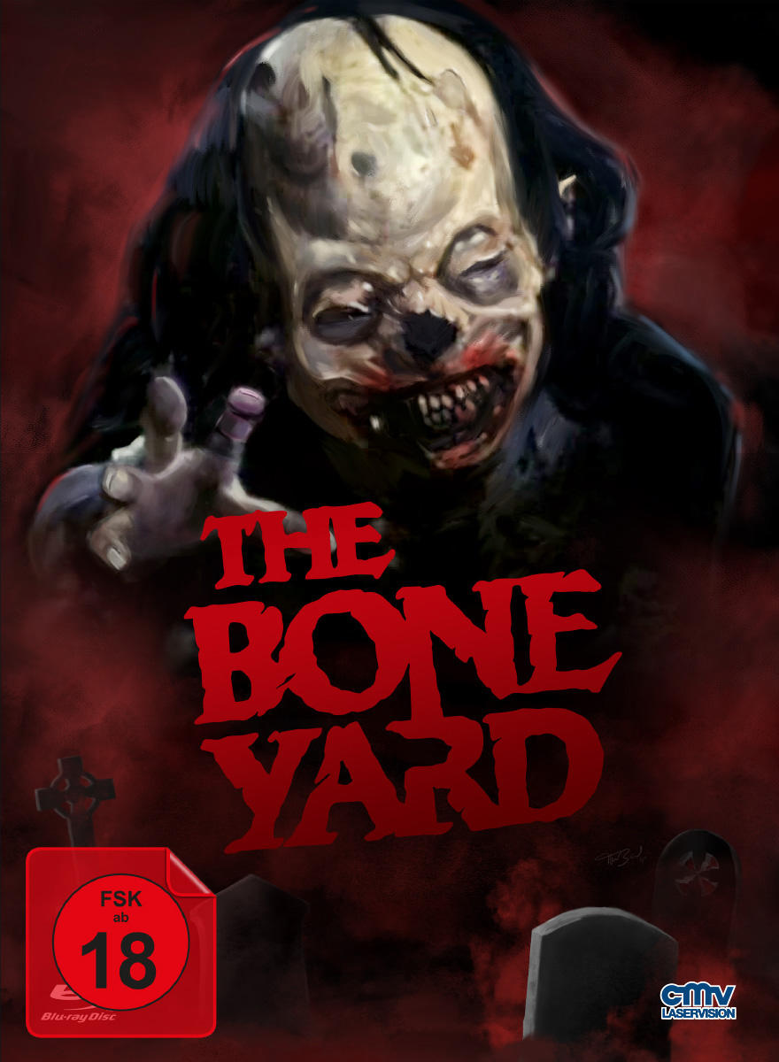 Filmposter: Zombie mit freiliegenden Zähnen greift aus, mit Text 'The Bone Yard'.