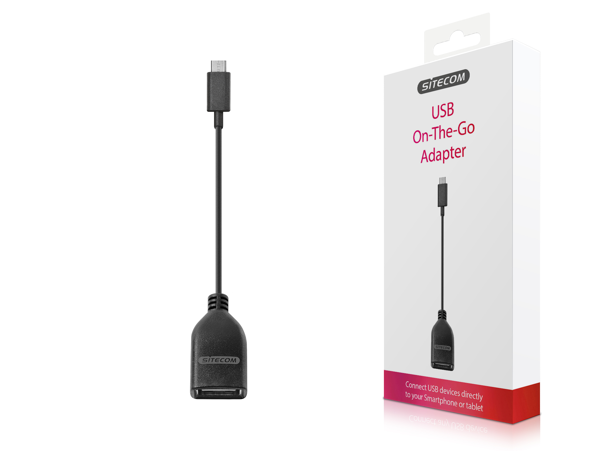 Black USB-C to USB adapter cable and box, white background. Box text: USB On-The-Go Adapter.