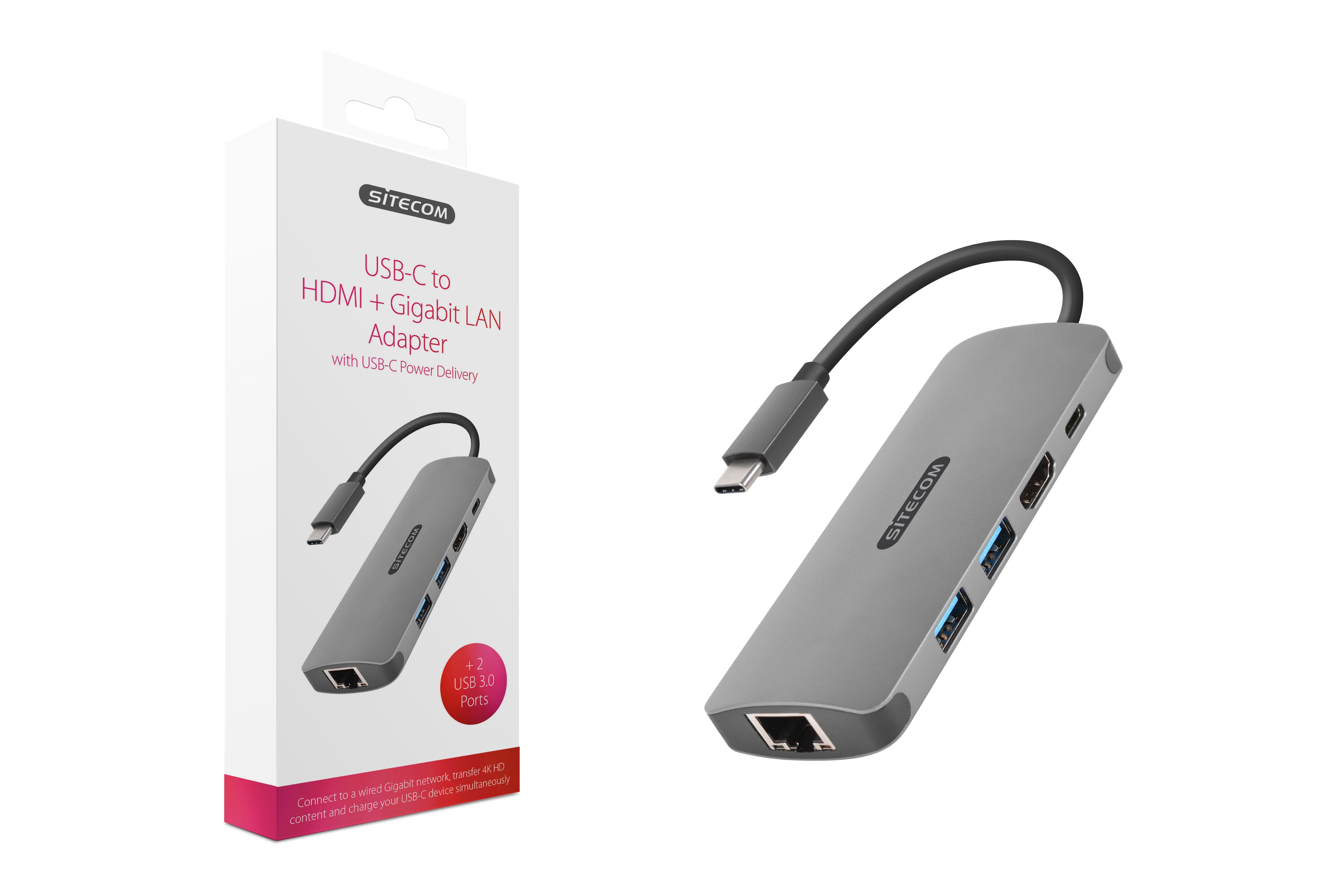 White box with a USB-C to HDMI and Gigabit LAN adapter. A gray adapter is shown with the box.