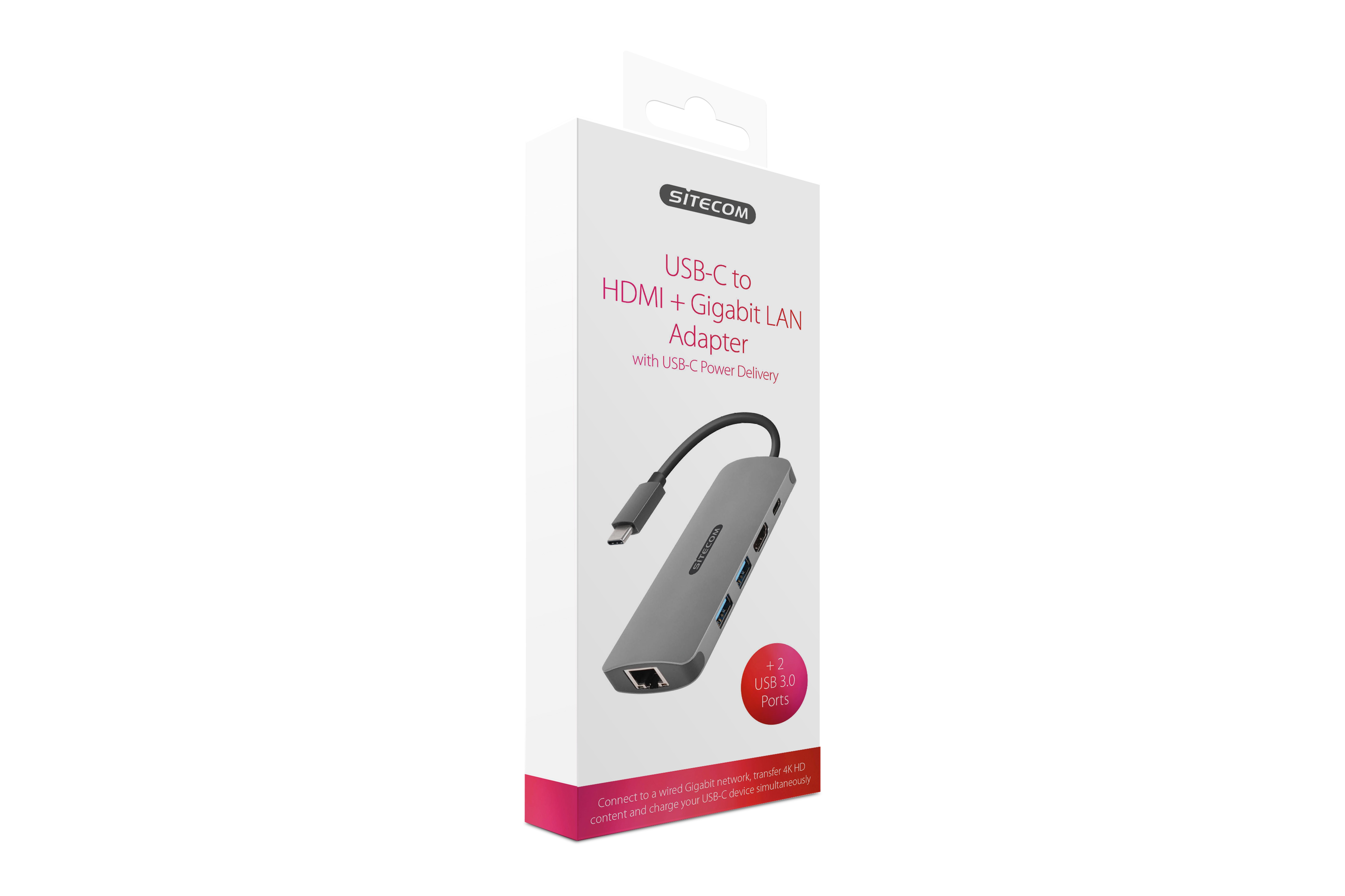 White box with a USB-C to HDMI and Gigabit LAN adapter, with USB 3.0 ports indicated.