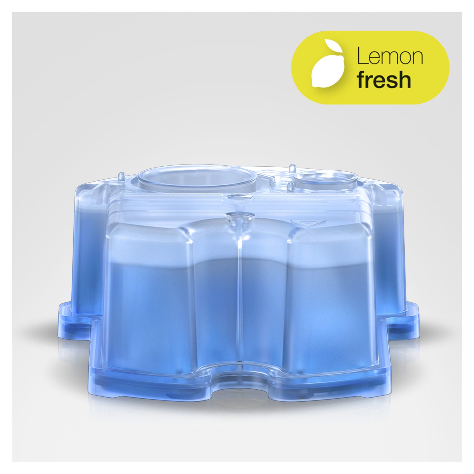 Een transparante blauwe plastic container. De tekst 'Lemon fresh' staat op een geel label.