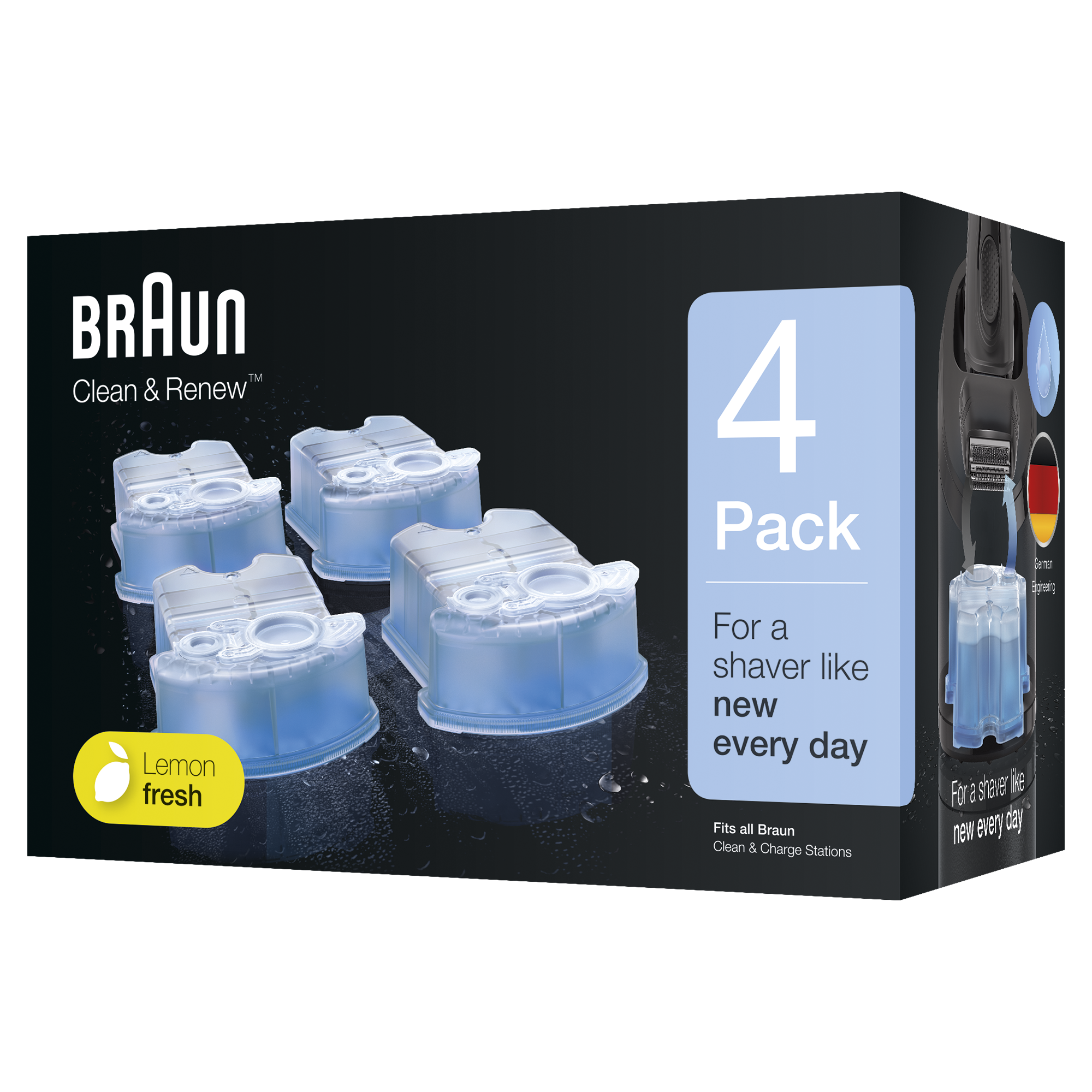 Doos met Braun Clean & Renew reinigingscartridges. Vier blauwe cartridges in een doos. 'Lemon fresh' label.