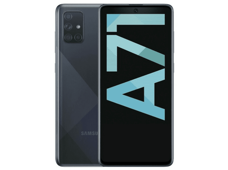 Un teléfono Samsung A71. La parte frontal muestra la palabra A71. La parte posterior tiene cámaras y el logotipo de Samsung.