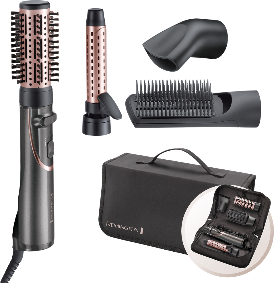 Remington hair styling set. Includes a curling brush, a straightener, and other accessories on a white background.