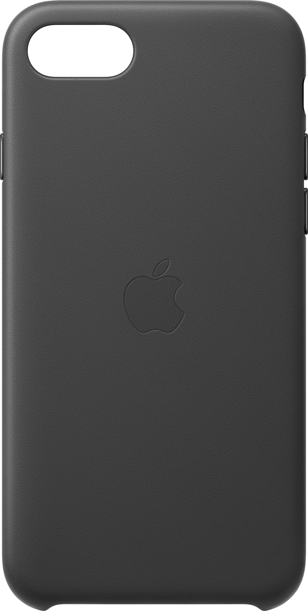 Zwarte leren telefoonhoes met een Apple logo.