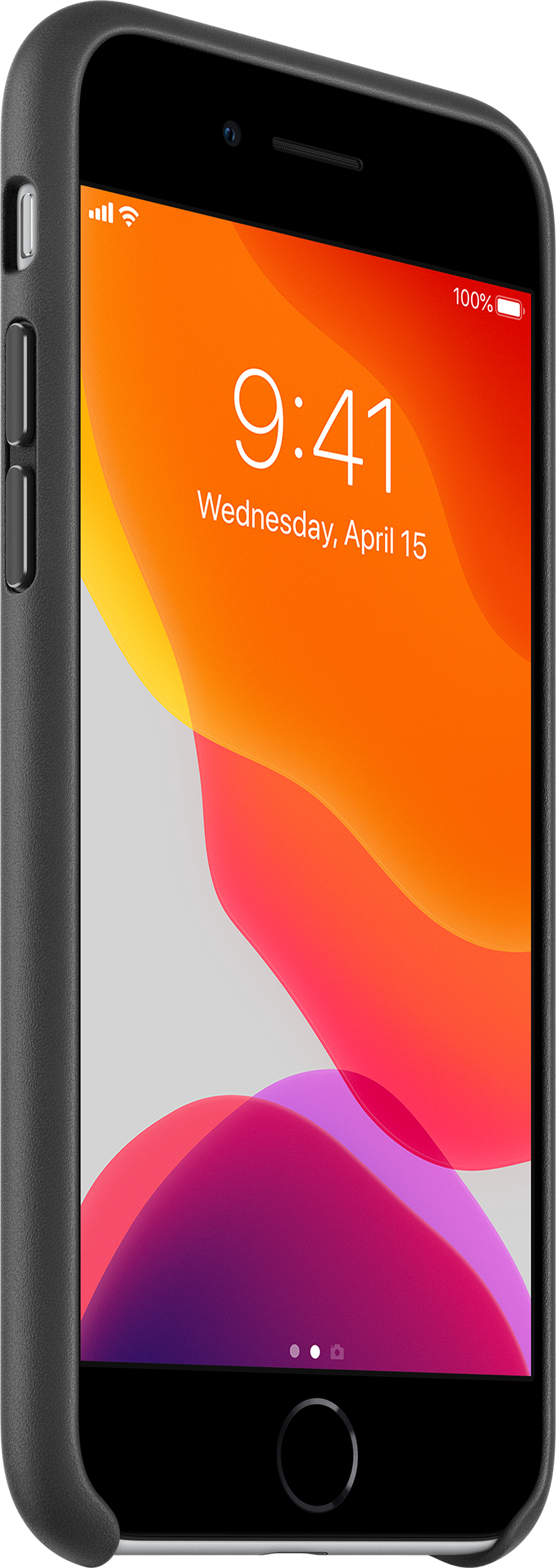 Zwarte iPhone 8 in een hoesje, met de tijd en datum. Geïsoleerd op witte achtergrond.