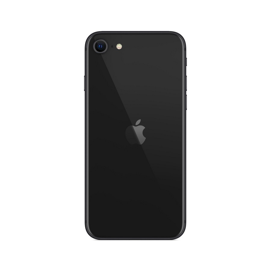 Un iPhone SE negro está a la vista sobre un fondo blanco.
