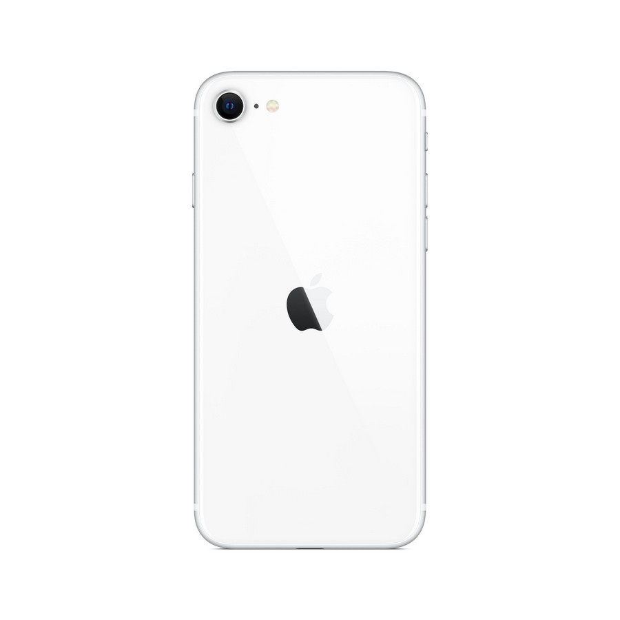 La parte trasera de un iPhone SE blanco con un logotipo de Apple negro y una sola lente de cámara.
