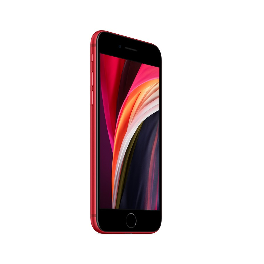 iPhone SE rojo, vista en ángulo, mostrando la pantalla y botones laterales.