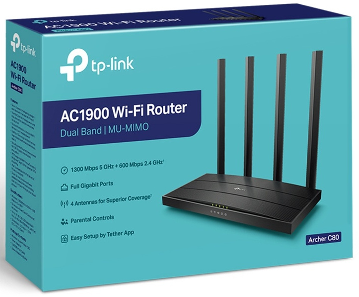 Doos van een TP-Link AC1900 Wi-Fi-router met vier antennes, zwarte kleur. De doos is lichtblauw met de routerafbeelding.