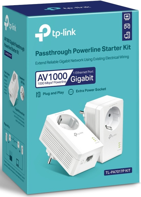Boîte du kit de démarrage CPL Gigabit AV1000 Passthrough de TP-Link avec deux adaptateurs blancs.