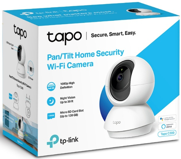 White Tapo security camera with box and text.