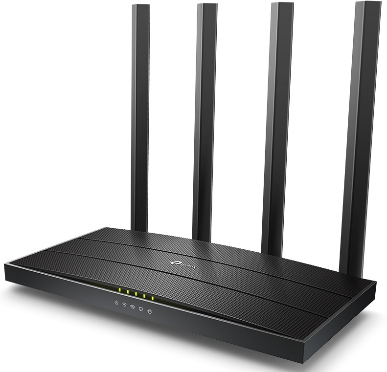Een zwarte TP-Link router met vier antennes. Het heeft een getextureerd bovenoppervlak en indicatielampjes op het voorpaneel.