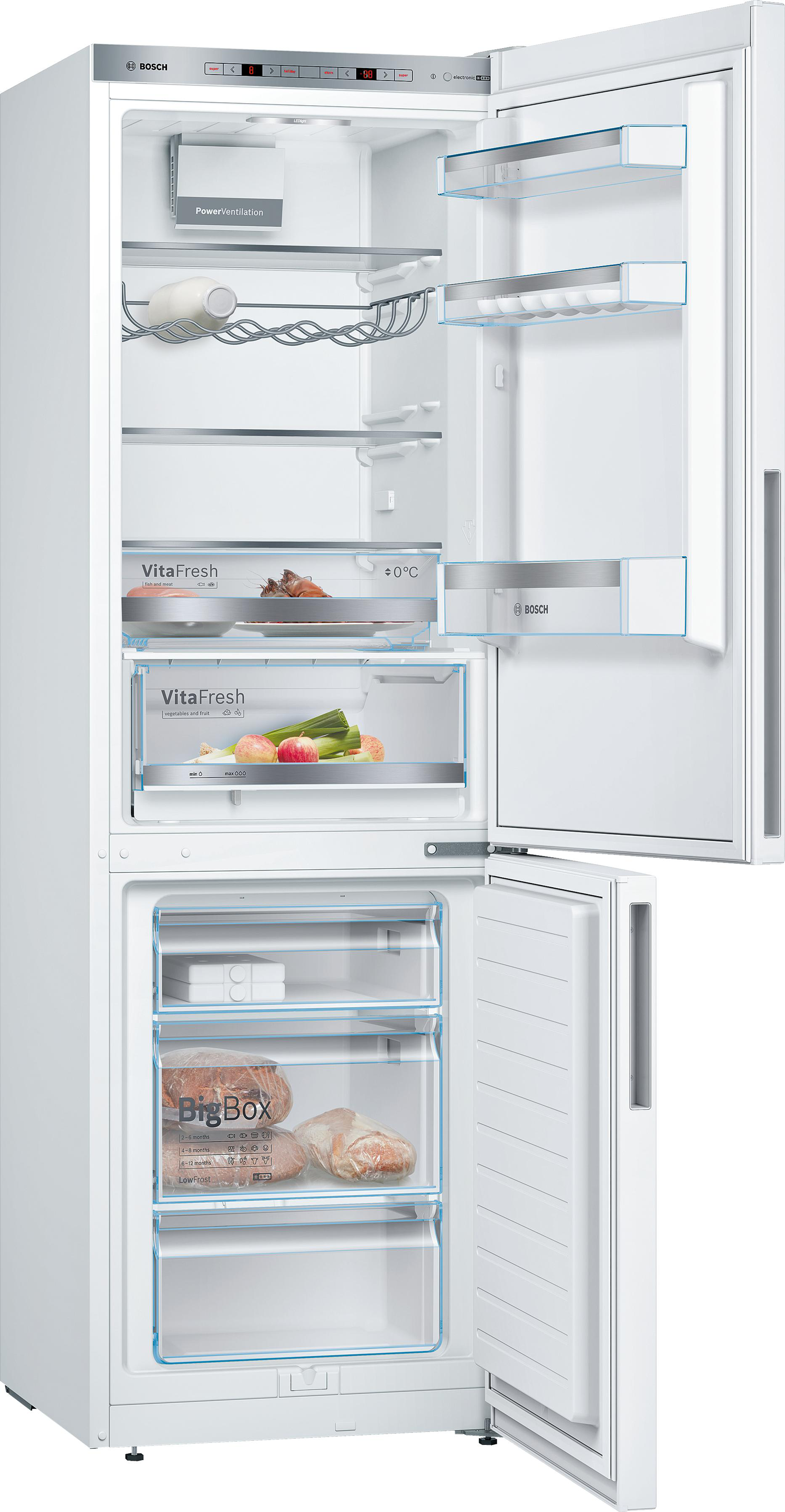 White refrigerator with open doors, interior visible.