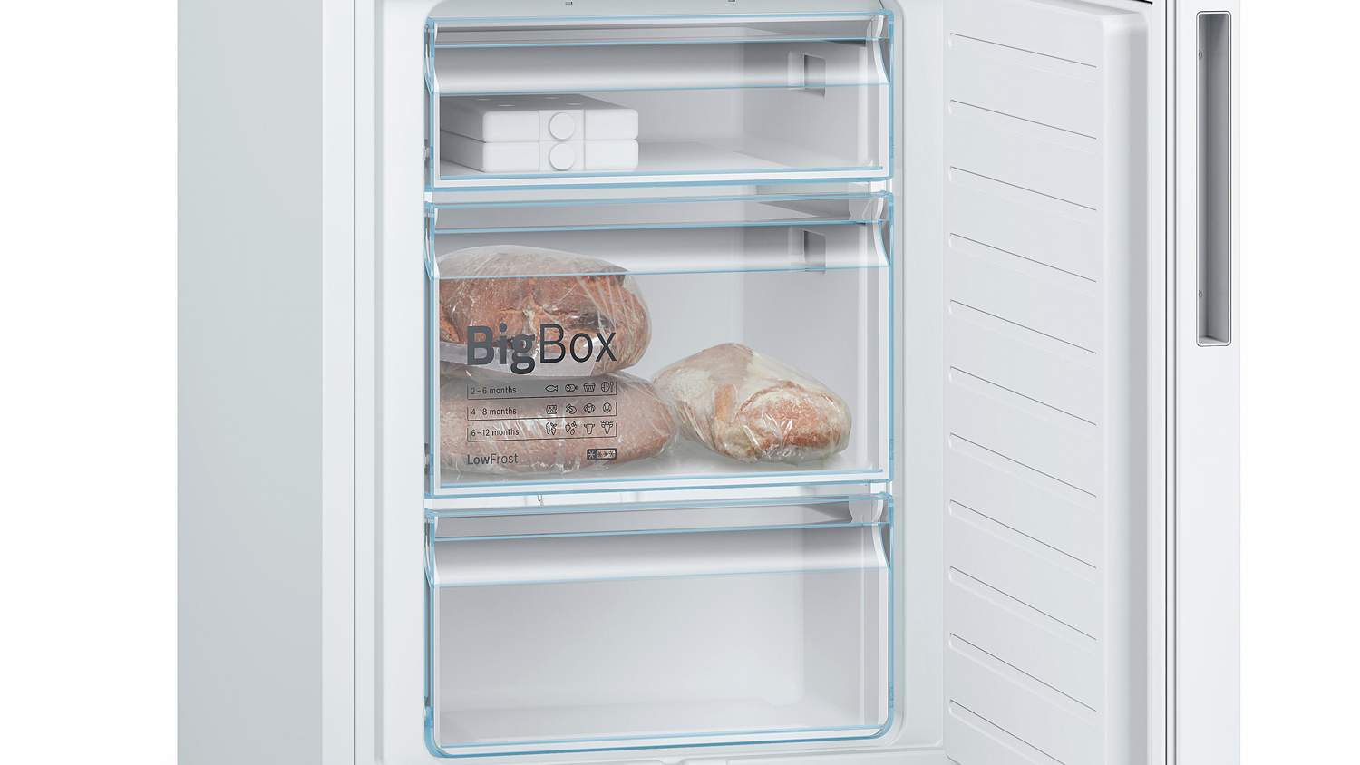 Refrigerator interior with three transparent drawers. Drawers contain food packages, frozen goods.