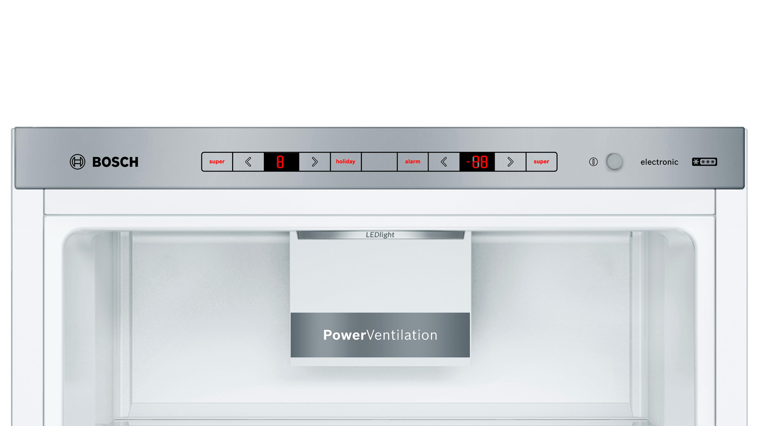 Bosch fridge freezer interior with display, white background.