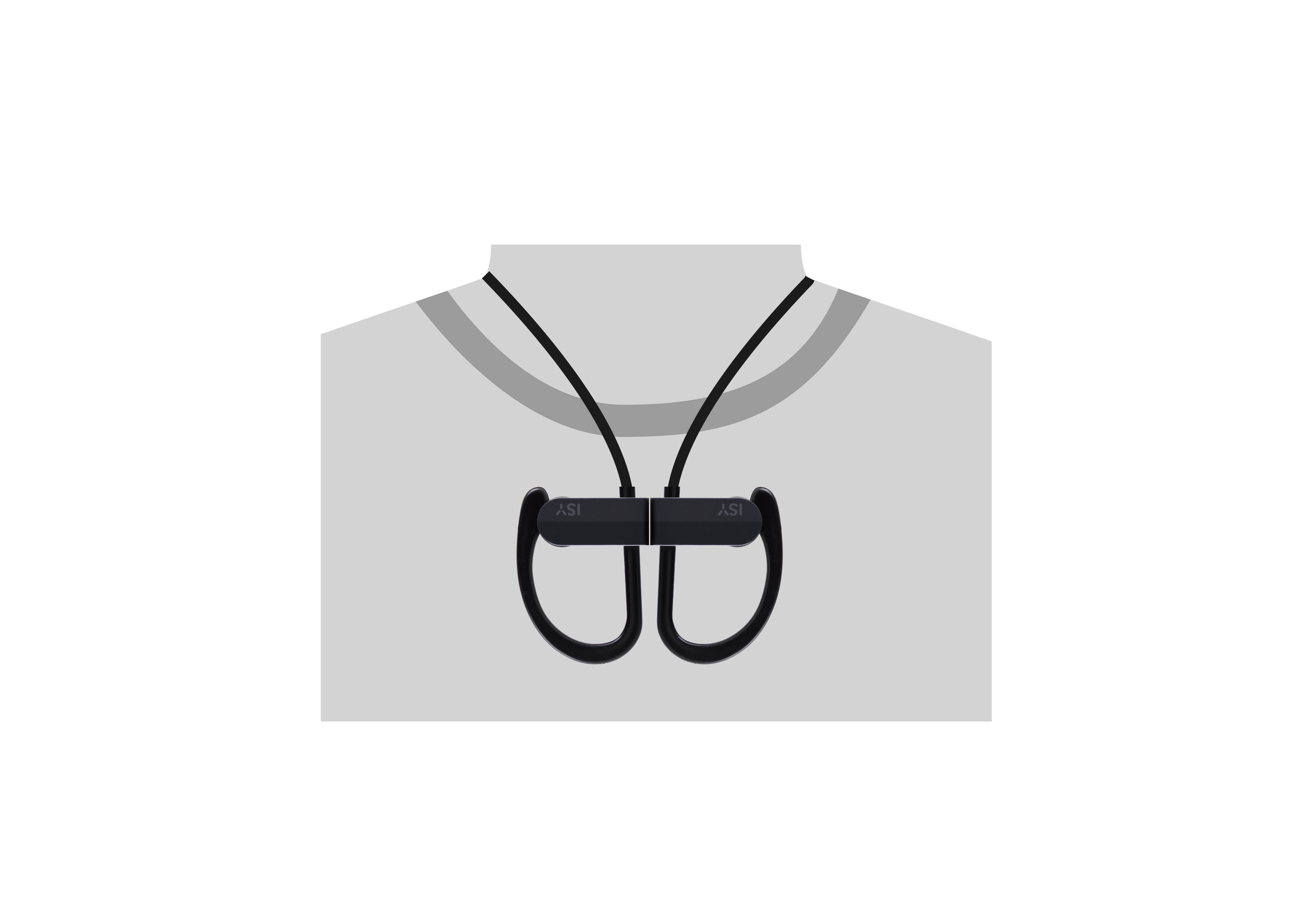 Schwarze kabellose Ohrhörer um eine Halsillustration, mit grauem Hintergrund.