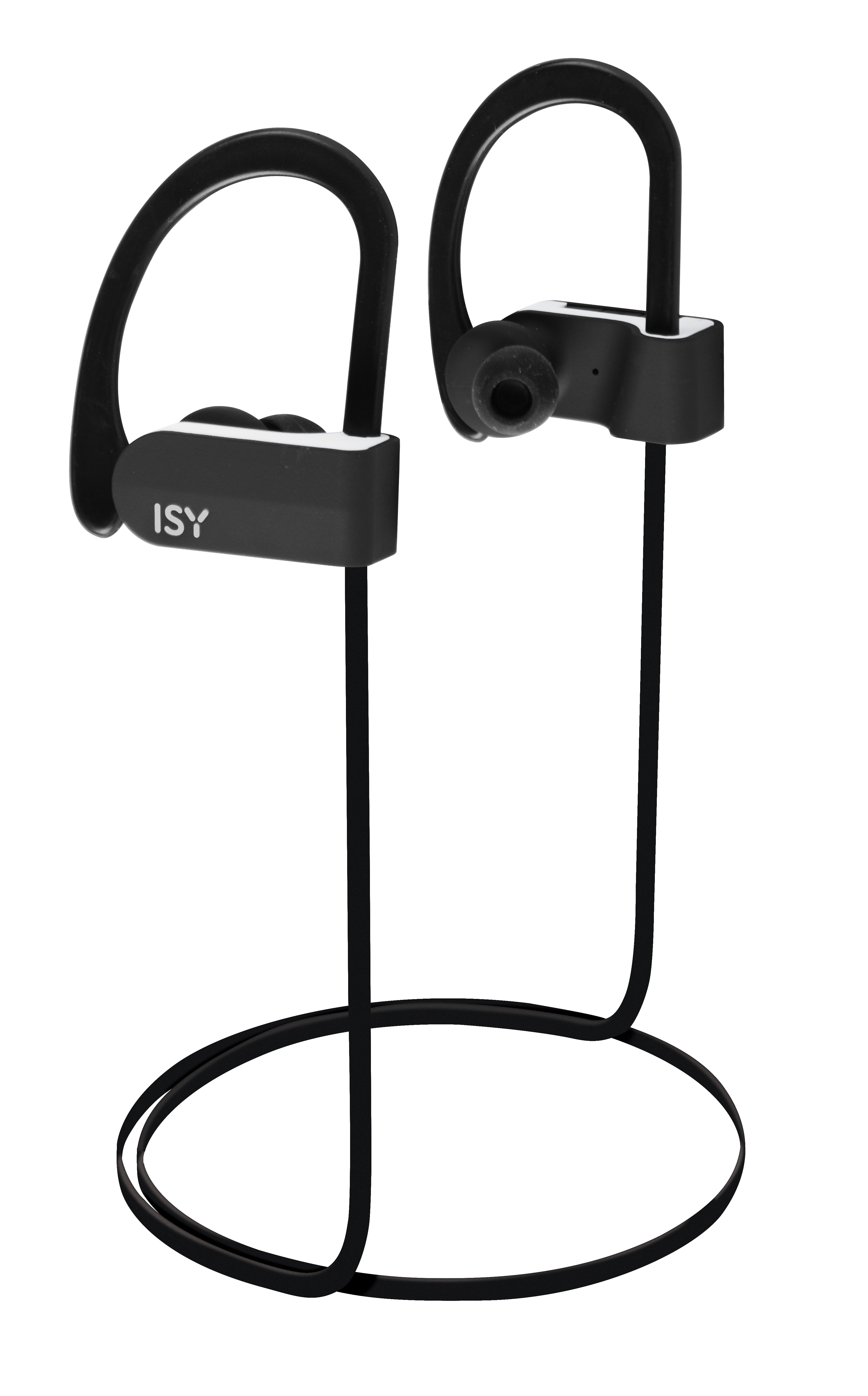 Schwarze kabellose Ohrhörer mit Ständer, auf weißem Hintergrund, schräge Ansicht.