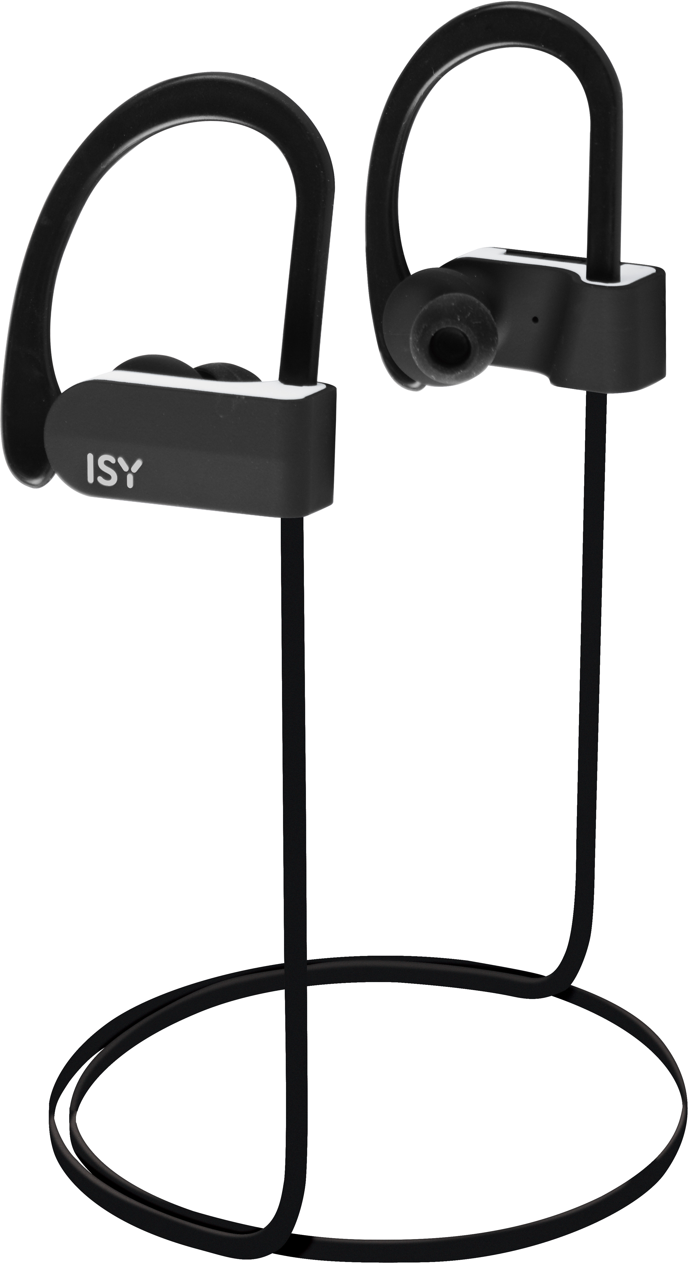 Schwarze kabellose Ohrhörer mit schwarzem Kabel. Die Marke ist ISY.