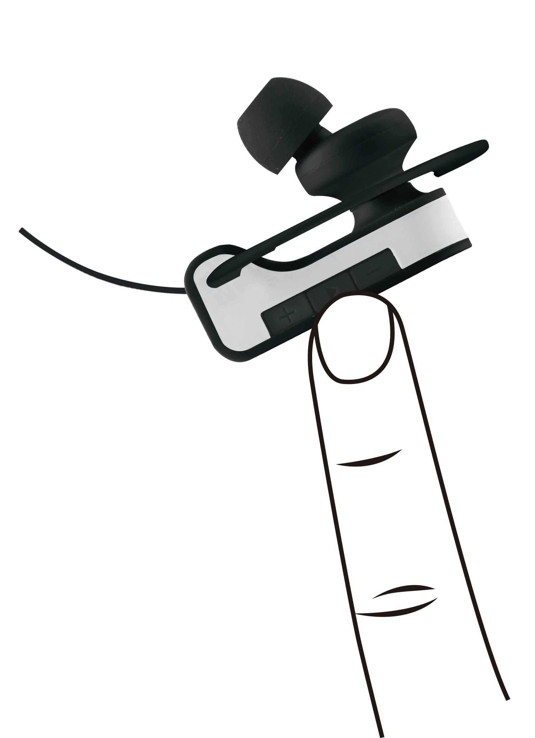 Ein kabelloser Ohrhörer, der von einem Finger gehalten wird. Der Ohrhörer ist schwarz und weiß.