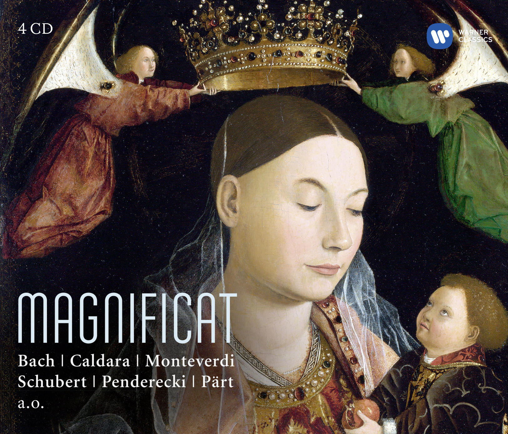 Album borító: Koronás nő, angyalok. Szöveg: Magnificat, Bach, Caldara, Monteverdi, Schubert, Penderecki, Pärt. Warner Classics logó.
