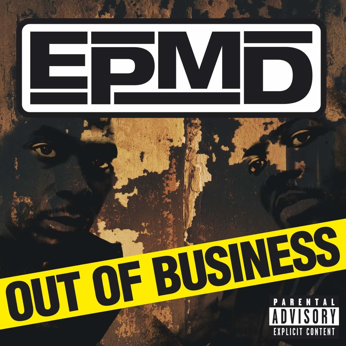 Pochette d'album avec deux hommes. Titre : Out of Business. Ruban jaune avec texte : Parental Advisory.