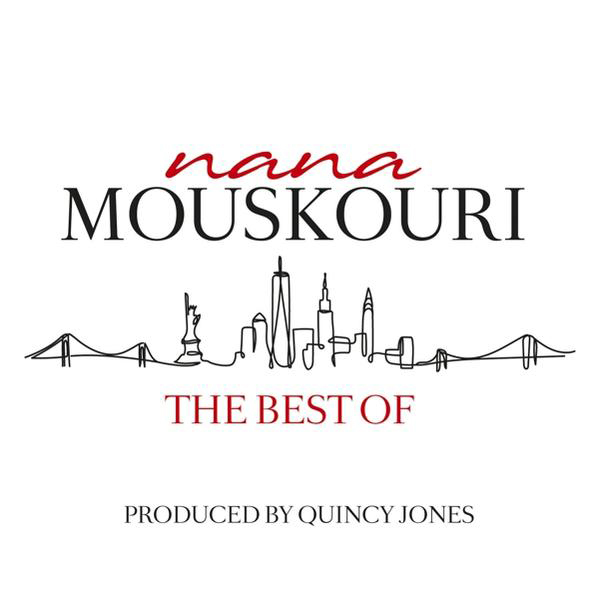 Albumcover mit dem Text 'Nana Mouskouri' und einer Skyline-Illustration von New York City.